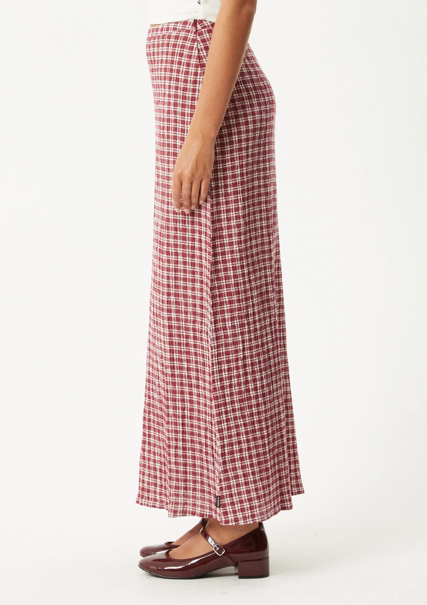 BASE SEERSUCKER MAXI SKIRT | BURGUNDY CHECK
