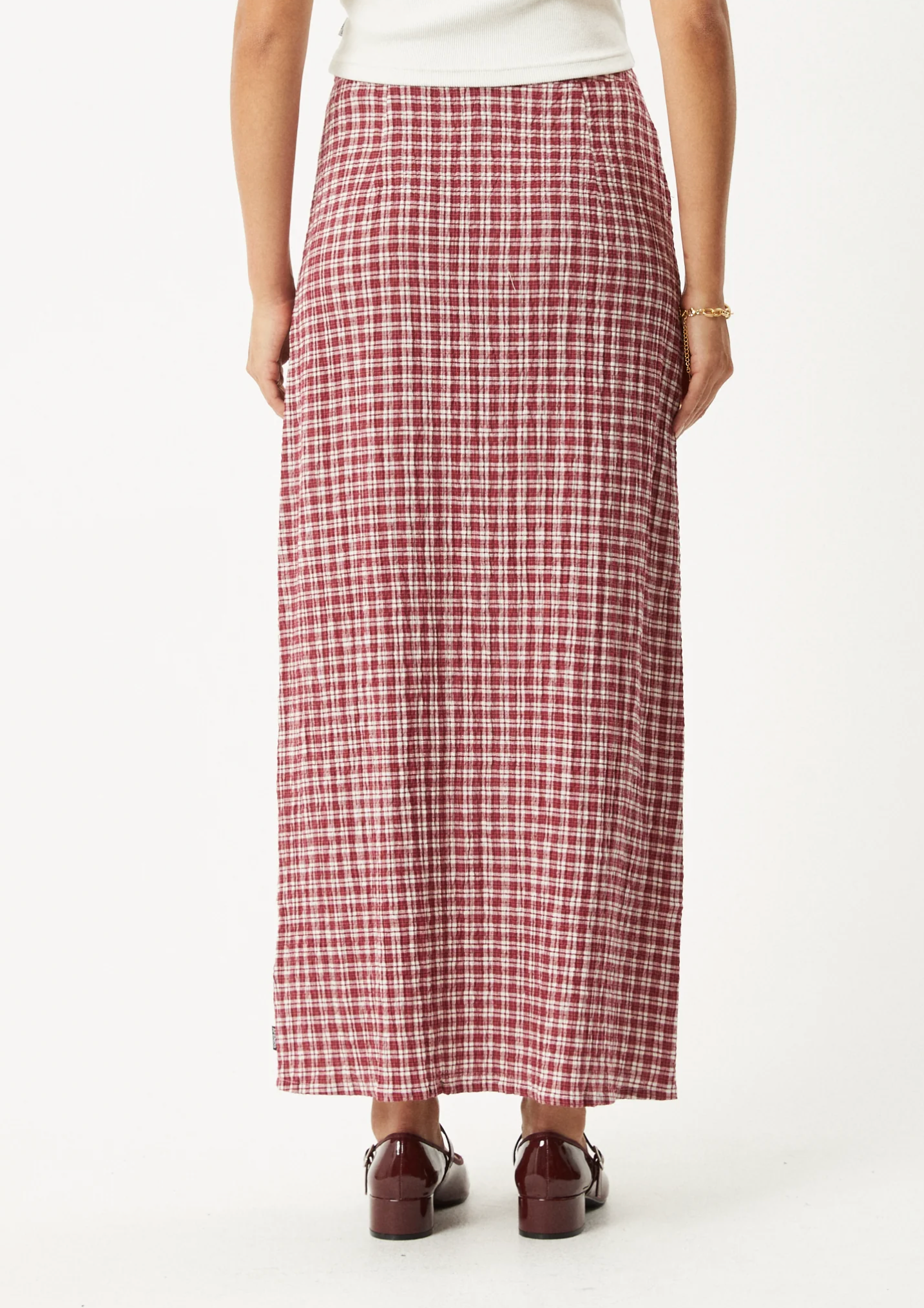 BASE SEERSUCKER MAXI SKIRT | BURGUNDY CHECK