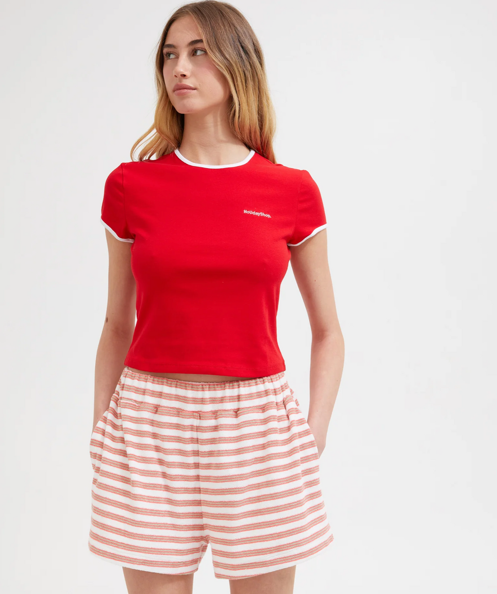 TERRY SHORTS | CORAL/WHITE STRIPE