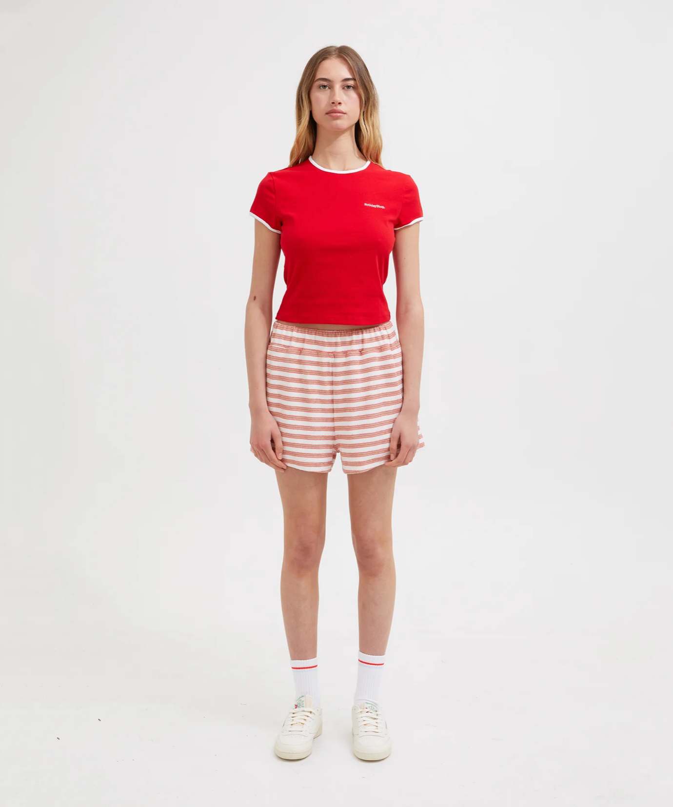 TERRY SHORTS | CORAL/WHITE STRIPE