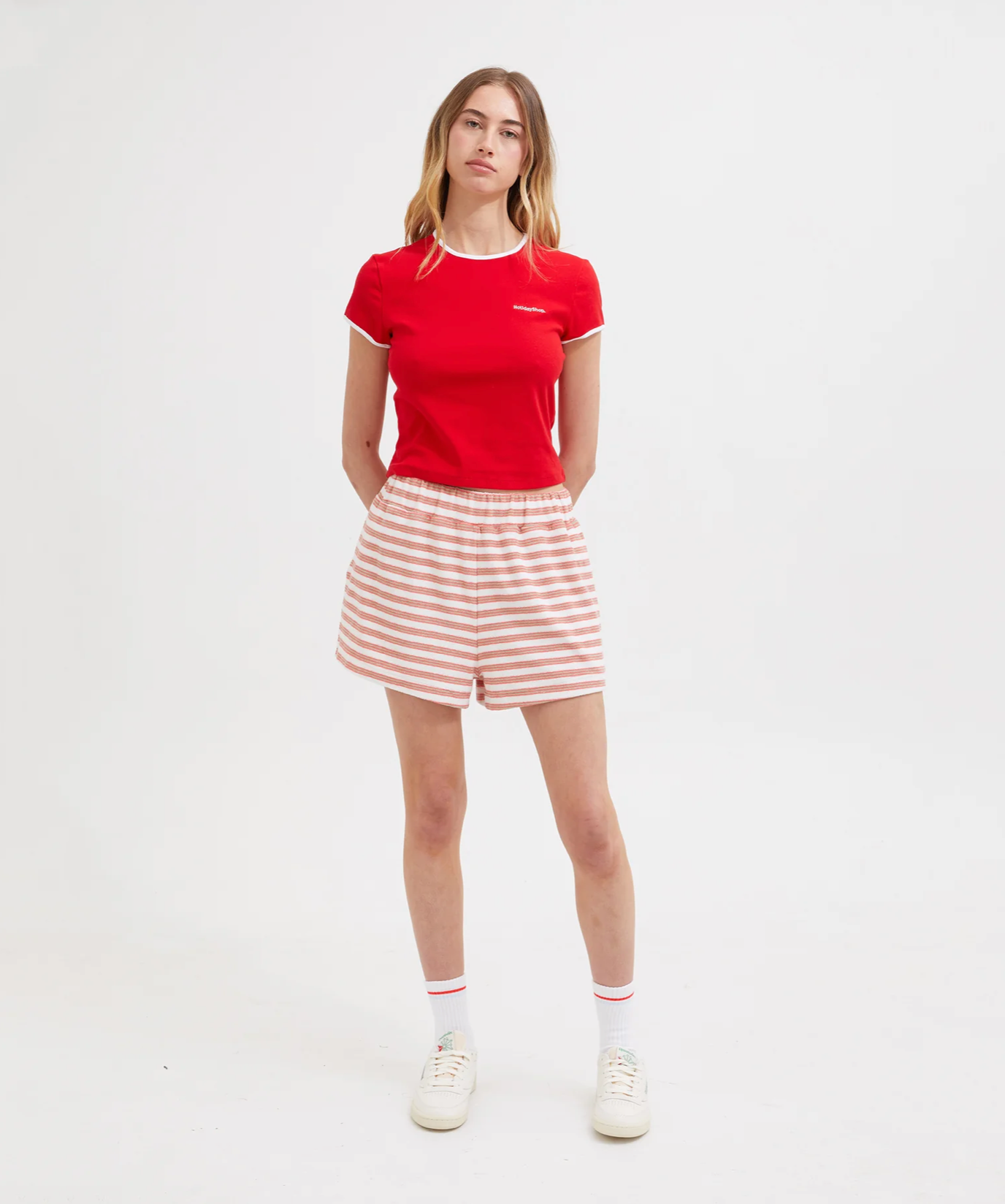 TERRY SHORTS | CORAL/WHITE STRIPE