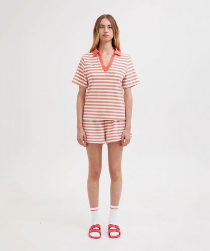 TERRY POLO | CORAL/WHITE STRIPE