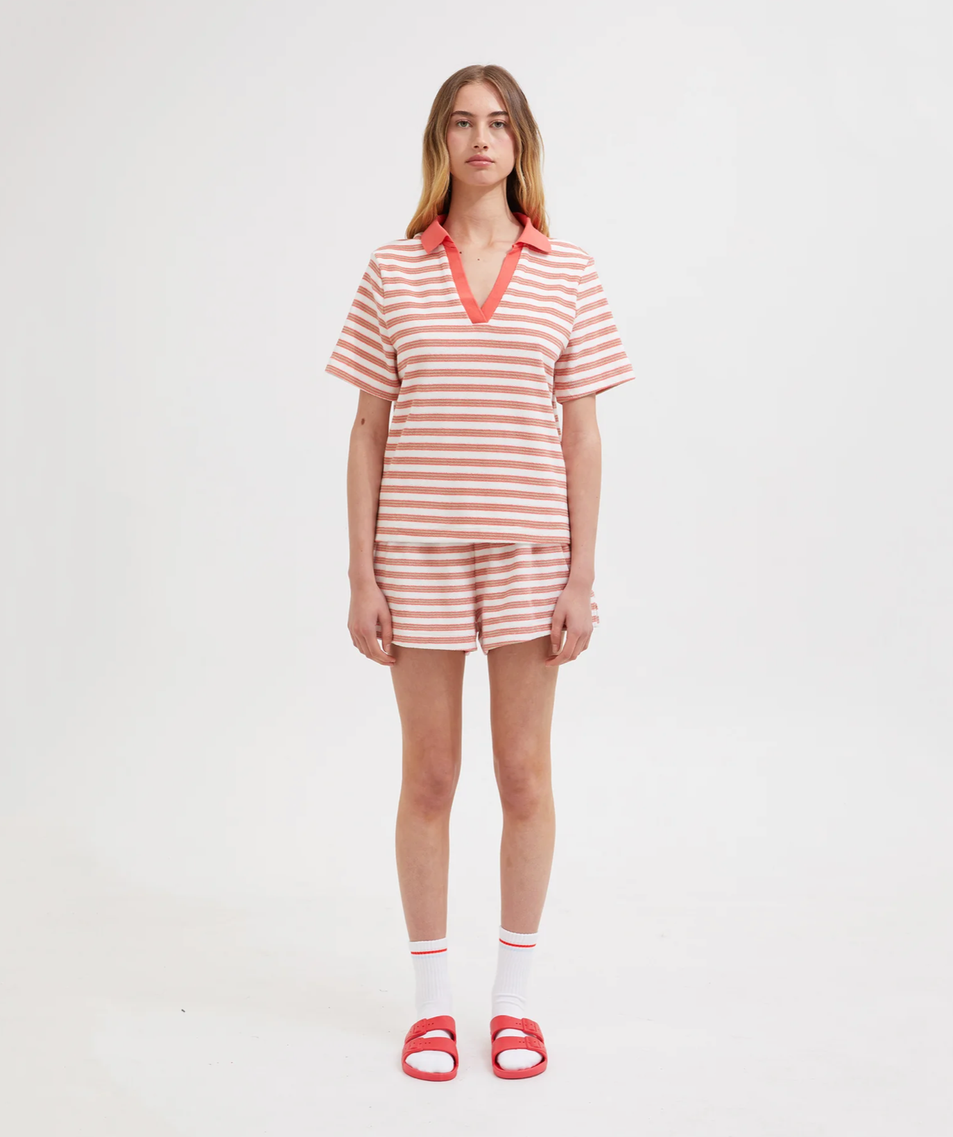 TERRY POLO | CORAL/WHITE STRIPE