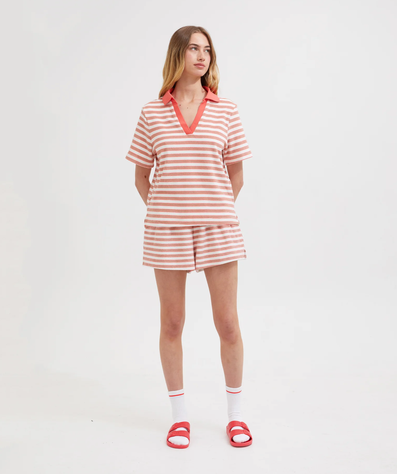 TERRY POLO | CORAL/WHITE STRIPE