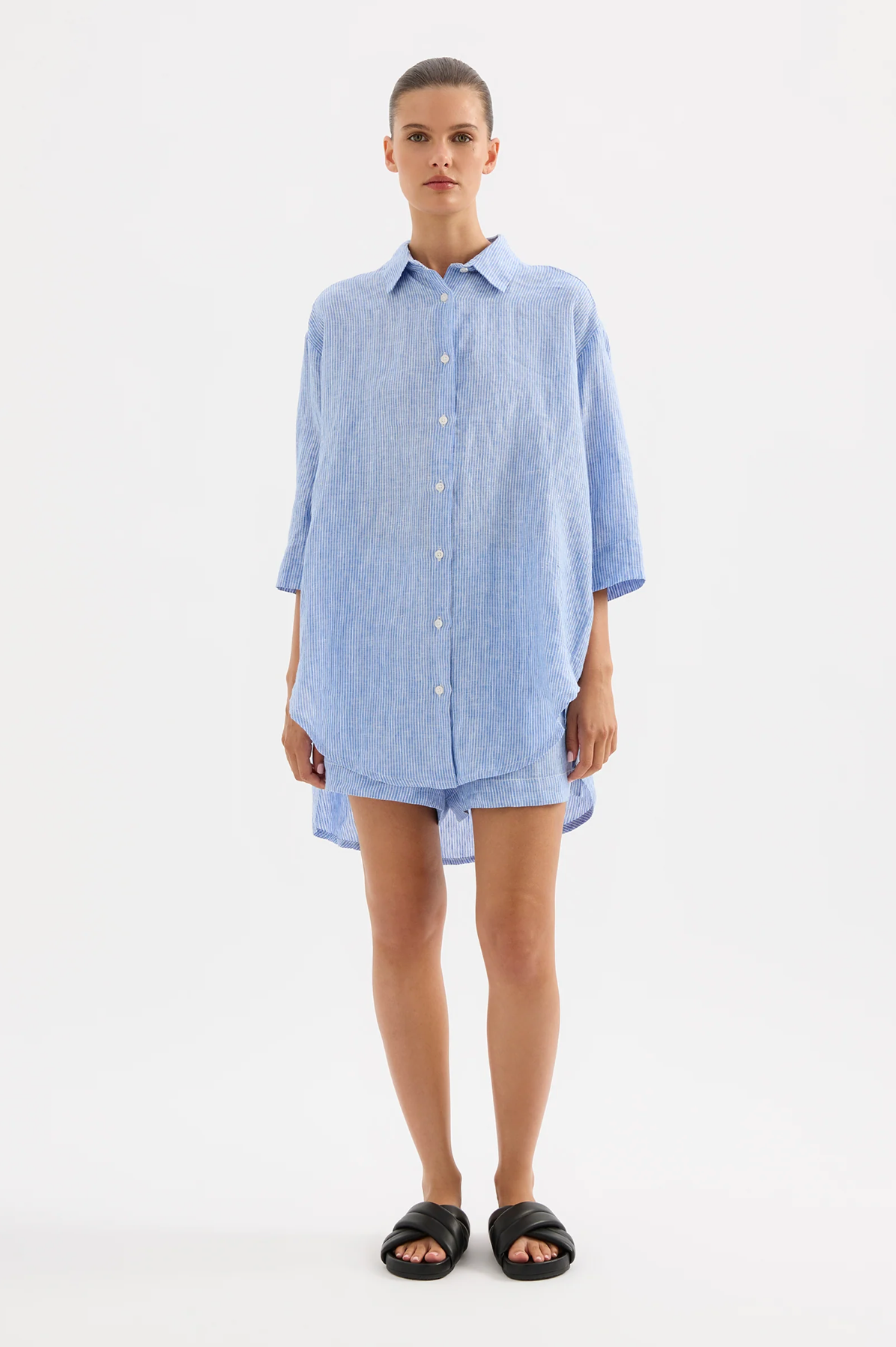 LOUNGE STRIPE LINEN LONG SHIRT | BLUE STRIPE