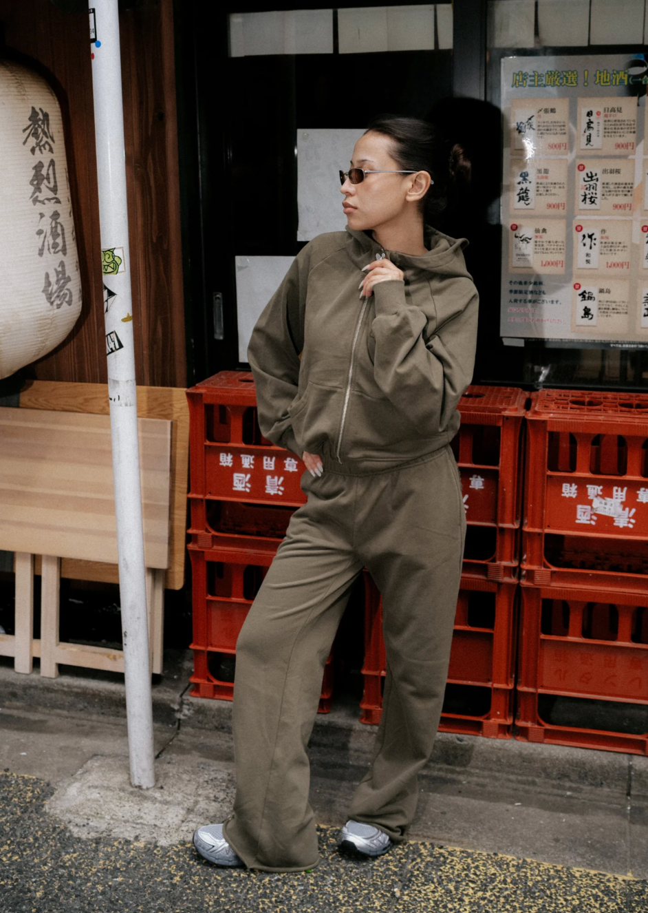 CROPPED ZIPPER HOODIE | KHAKI