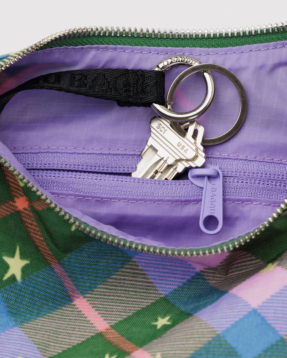 SMALL NYLON CRESCENT BAG | GREEN STAR PLAID