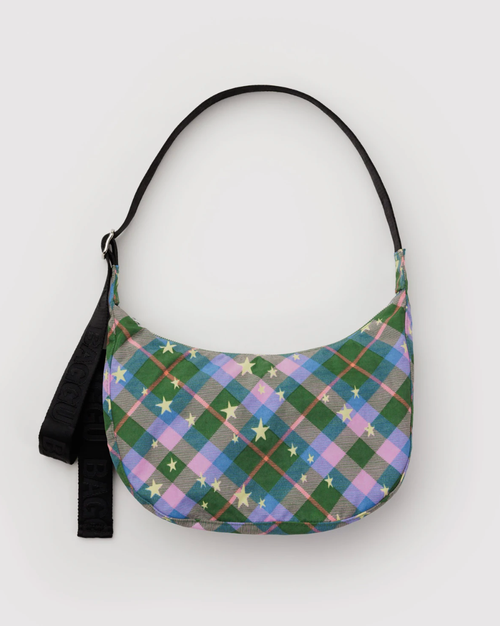 MEDIUM NYLON CRESCENT BAG | GREEN STAR PLAID