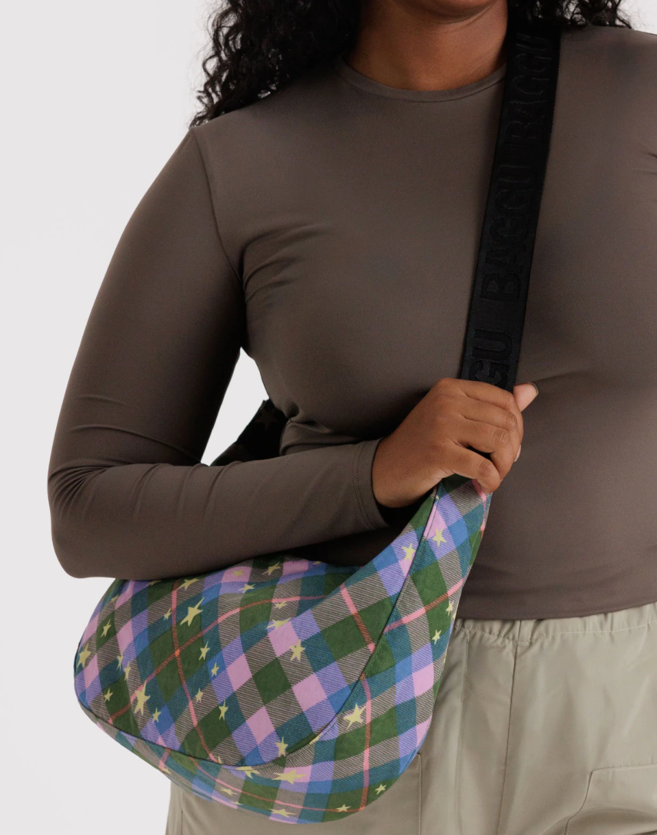 MEDIUM NYLON CRESCENT BAG | GREEN STAR PLAID