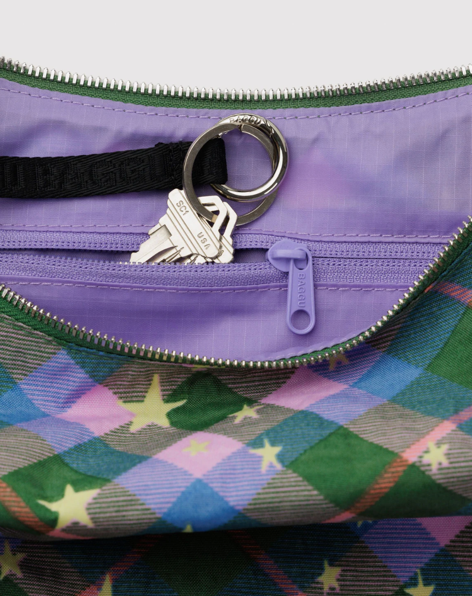MEDIUM NYLON CRESCENT BAG | GREEN STAR PLAID