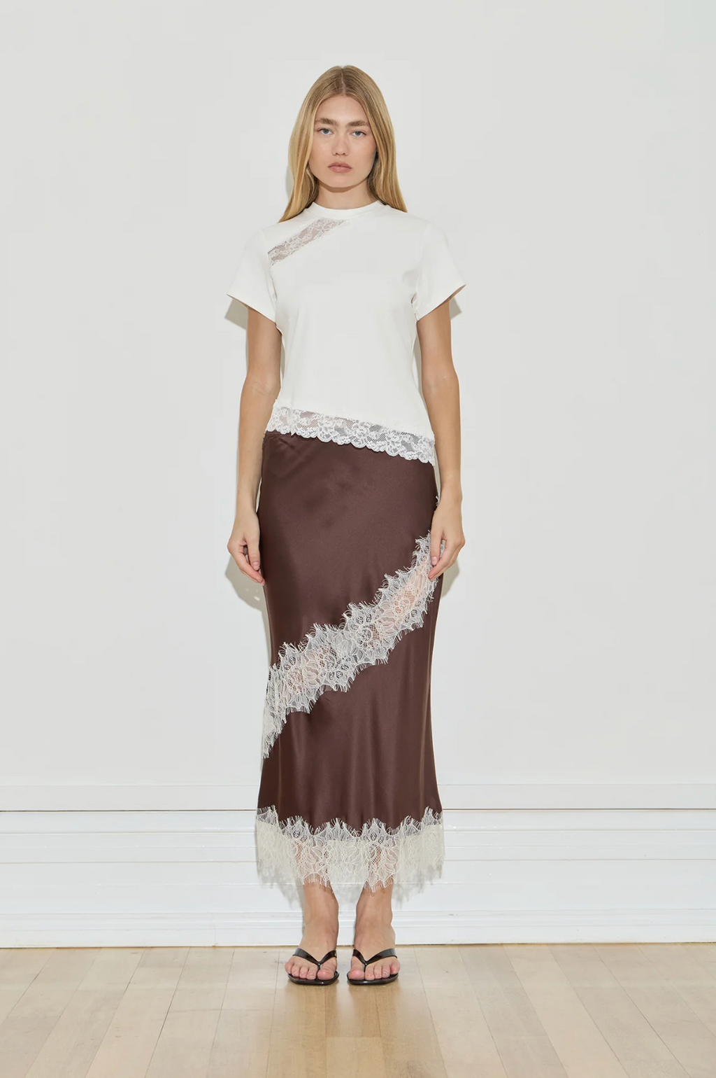 Maison Essentiele Silk Lace Midi Chocolate Cream Lace