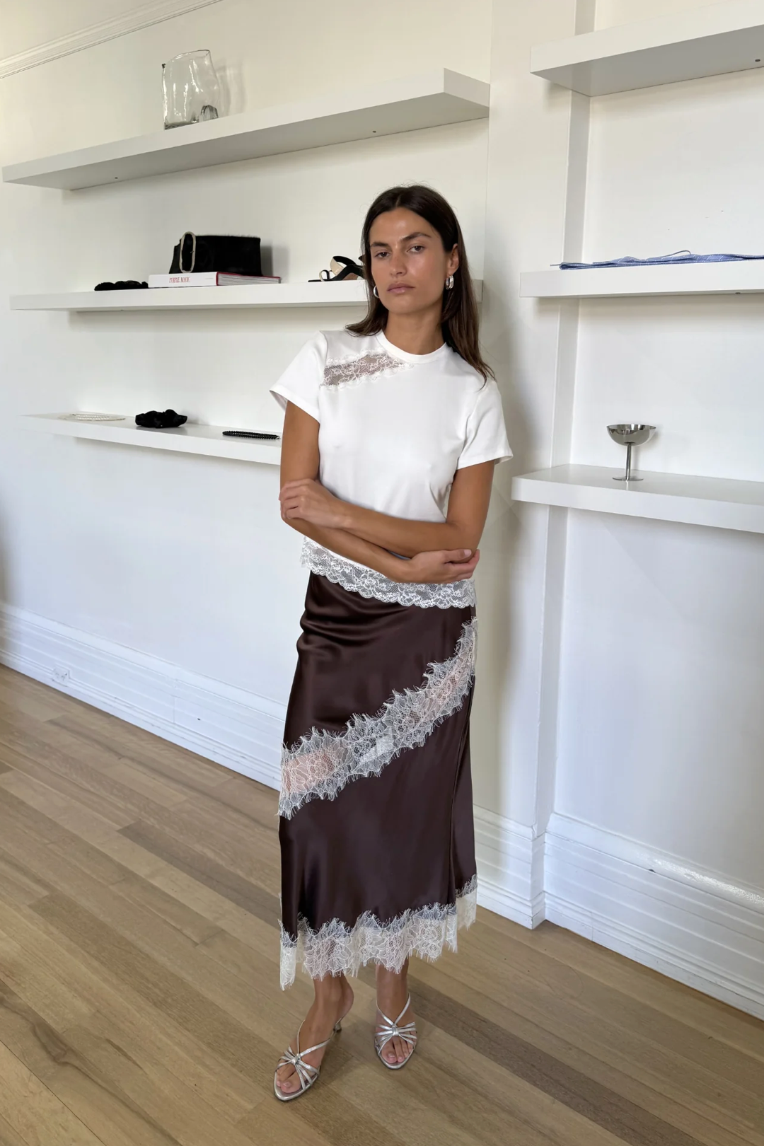 Maison Essentiele Silk Lace Midi Chocolate Cream Lace