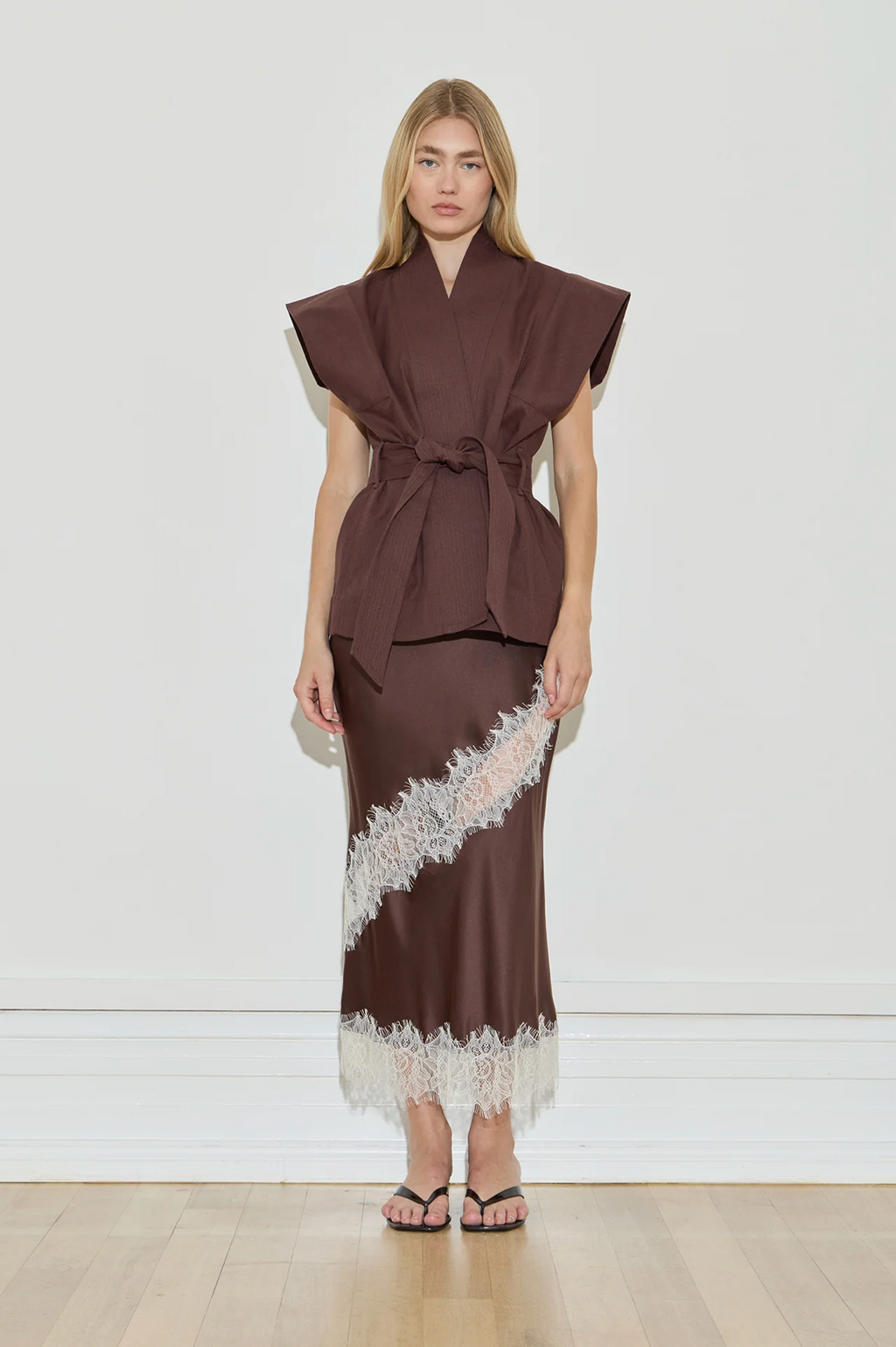 Maison Essentiele Silk Lace Midi Chocolate Cream Lace