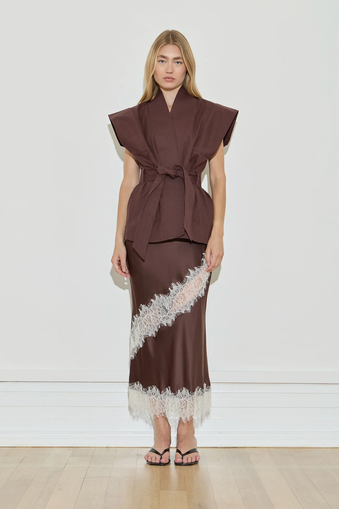 Maison Essentiele Silk Lace Midi Chocolate Cream Lace