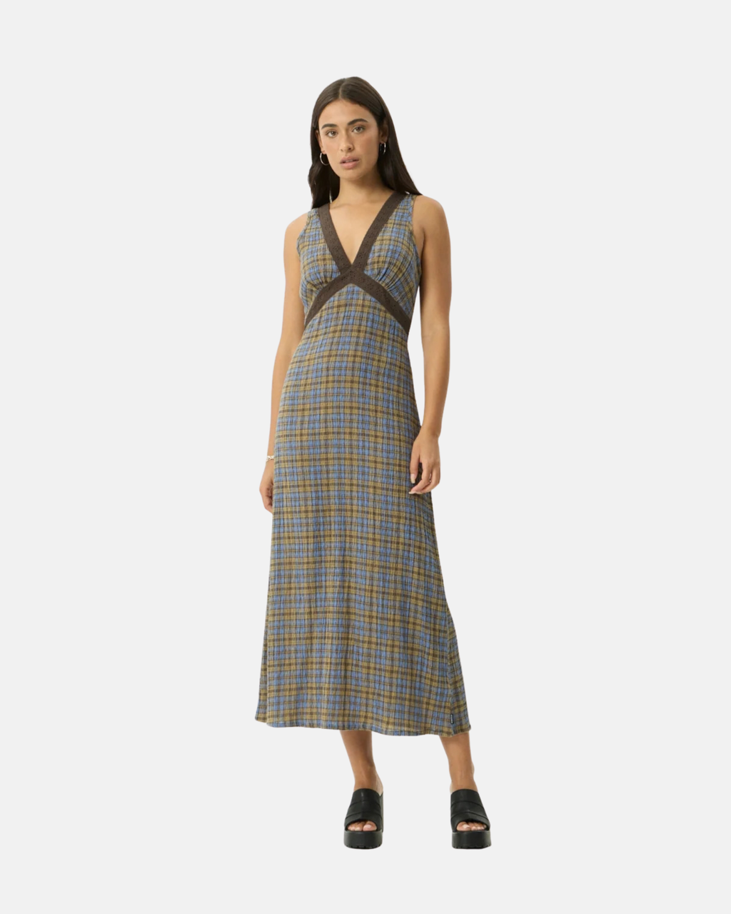 Afends Tully Seersucker Maxi Dress Cedar Blue Check
