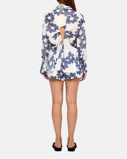 Zulu & Zephyr Blue Flower Ramie Tie Shirt