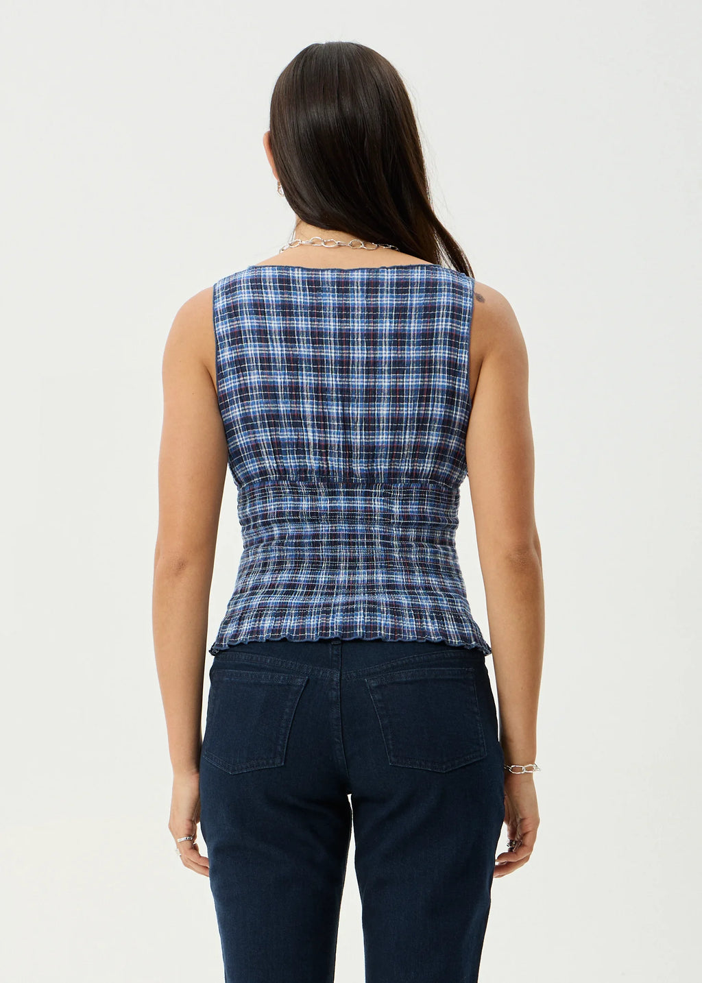 MOUTAINS | SEERSUCKER SLEEVELESS TOP - NAVY RED CHECK
