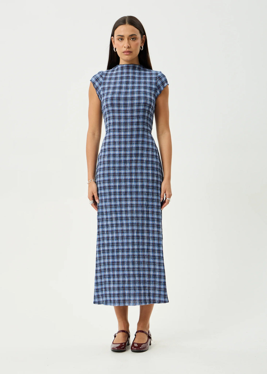 MOUNTAINS ELODIE SEERSUCKER MIDI DRESS | NAVY RED CHECK