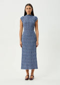 MOUNTAINS ELODIE SEERSUCKER MIDI DRESS | NAVY RED CHECK