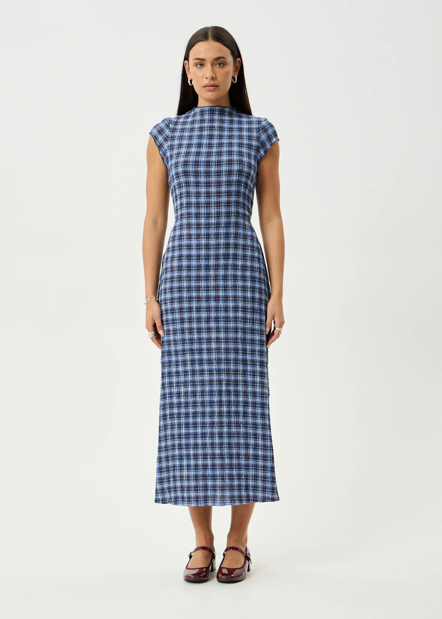 MOUNTAINS ELODIE SEERSUCKER MIDI DRESS | NAVY RED CHECK