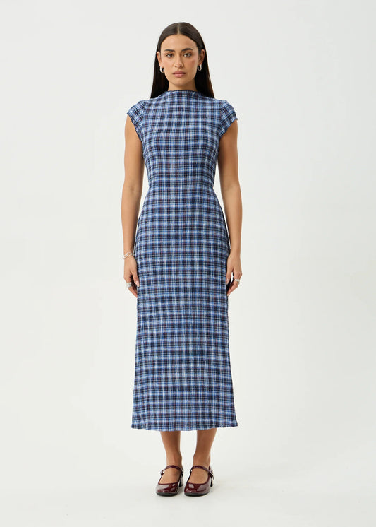 MOUNTAINS ELODIE SEERSUCKER MIDI DRESS | NAVY RED CHECK