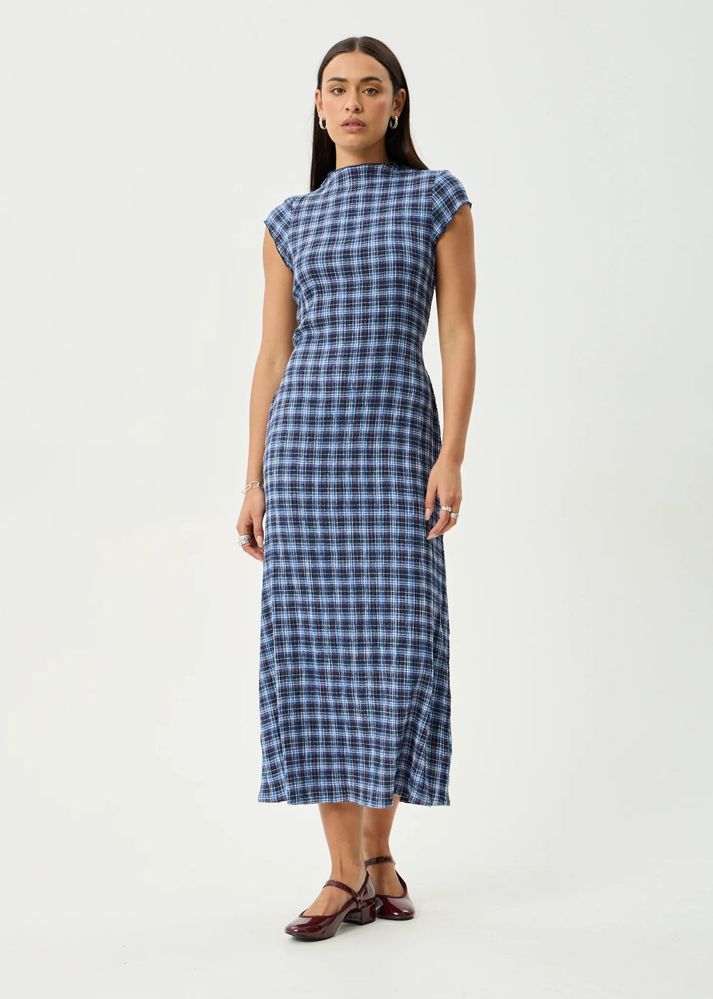 MOUNTAINS ELODIE SEERSUCKER MIDI DRESS | NAVY RED CHECK