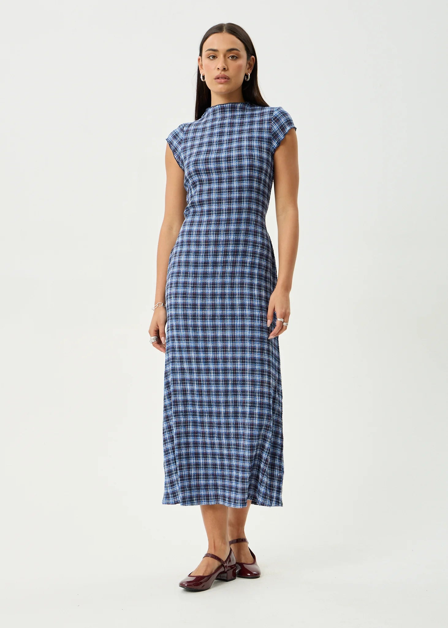 MOUNTAINS ELODIE SEERSUCKER MIDI DRESS | NAVY RED CHECK