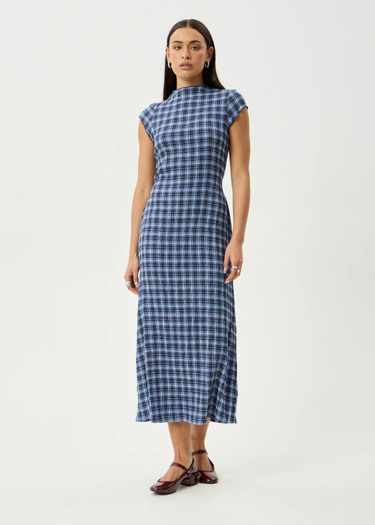 MOUNTAINS ELODIE SEERSUCKER MIDI DRESS | NAVY RED CHECK