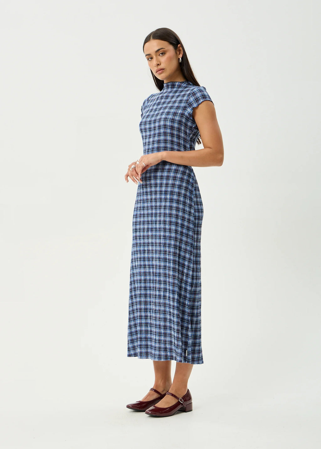 MOUNTAINS ELODIE SEERSUCKER MIDI DRESS | NAVY RED CHECK