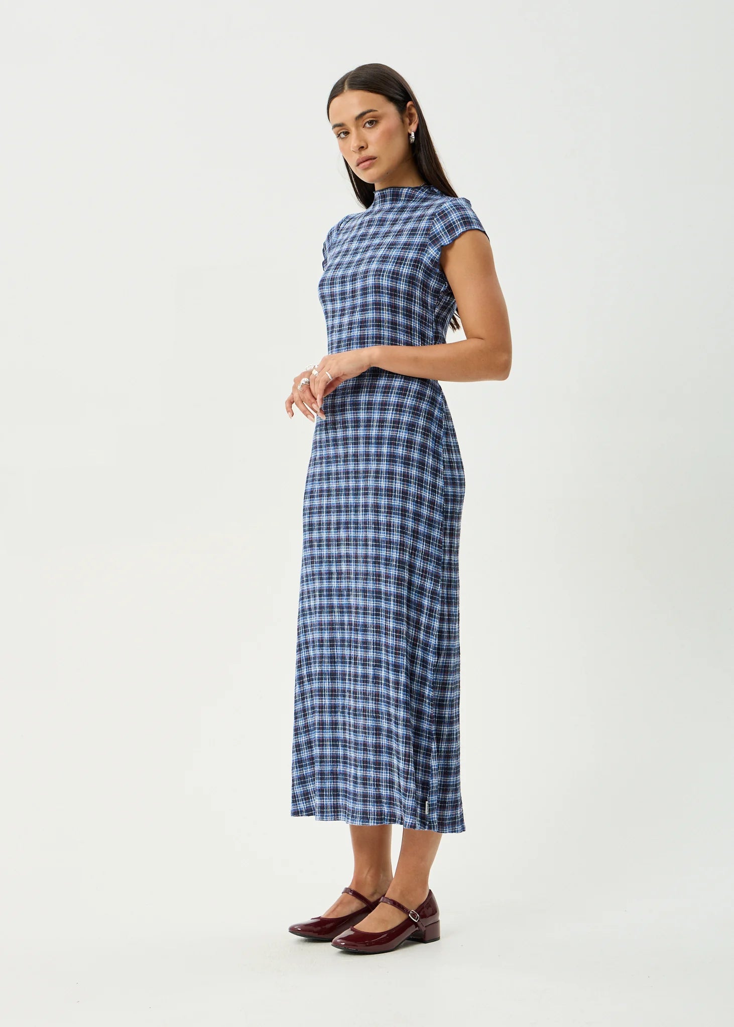 MOUNTAINS ELODIE SEERSUCKER MIDI DRESS | NAVY RED CHECK