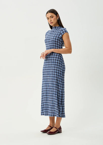 MOUNTAINS ELODIE SEERSUCKER MIDI DRESS | NAVY RED CHECK