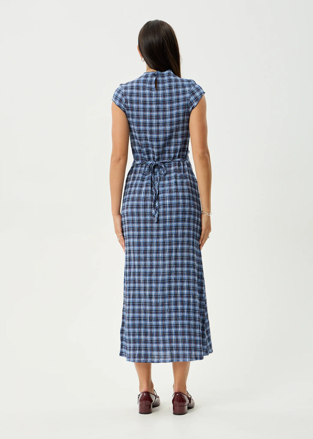 MOUNTAINS ELODIE SEERSUCKER MIDI DRESS | NAVY RED CHECK