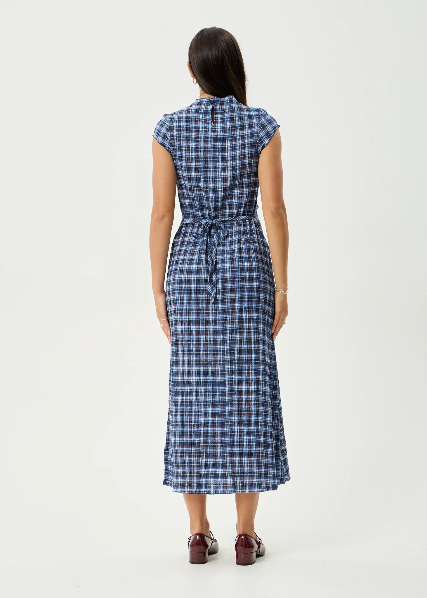 MOUNTAINS ELODIE SEERSUCKER MIDI DRESS | NAVY RED CHECK
