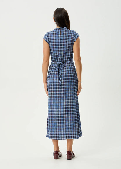 MOUNTAINS ELODIE SEERSUCKER MIDI DRESS | NAVY RED CHECK