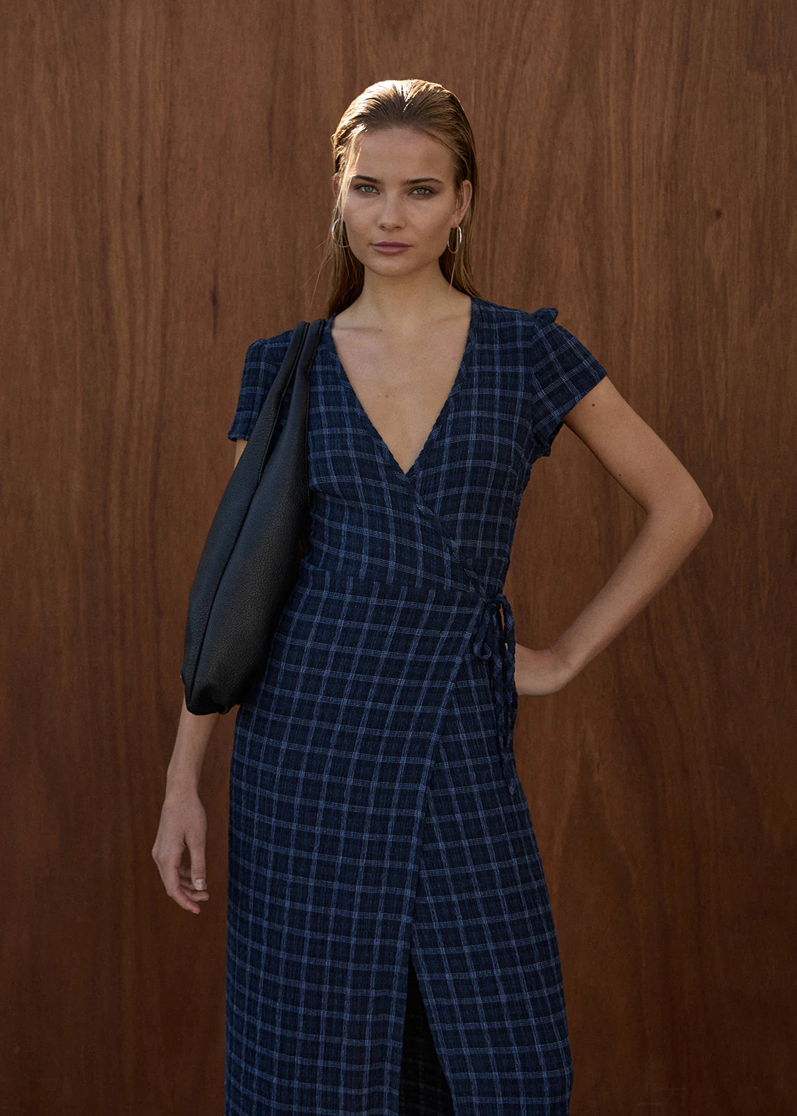 Afends Felicity Seersucker Maxi Dress Midnight Check
