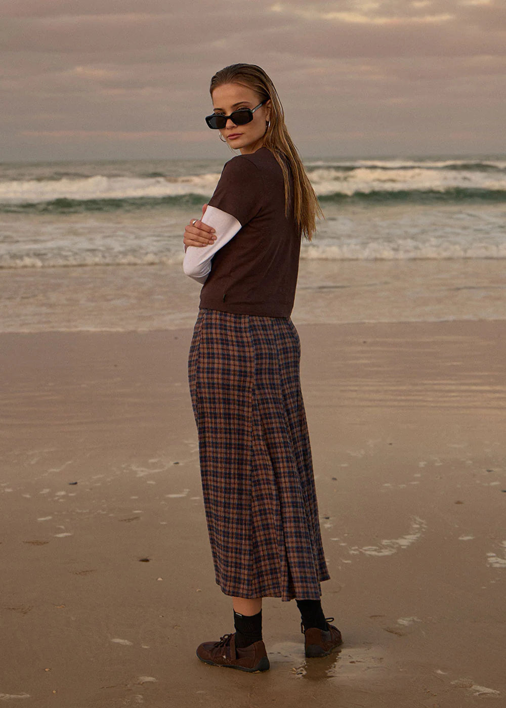 Afends Giselle Seersucker Midi Skirt Shev Indigo Check