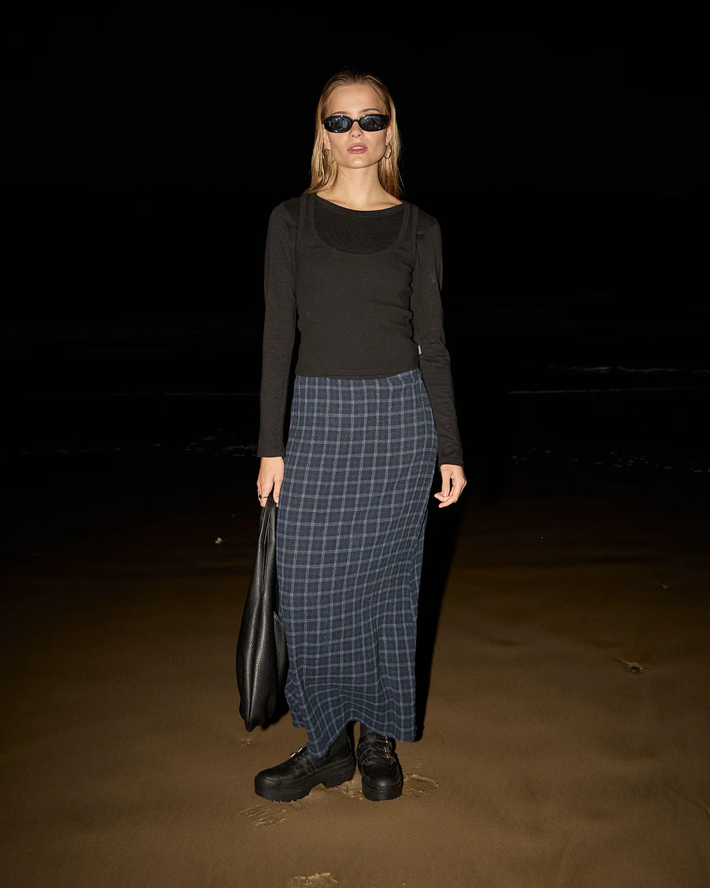 Afends Lita Seersucker Maxi Skirt Indy Navy Check