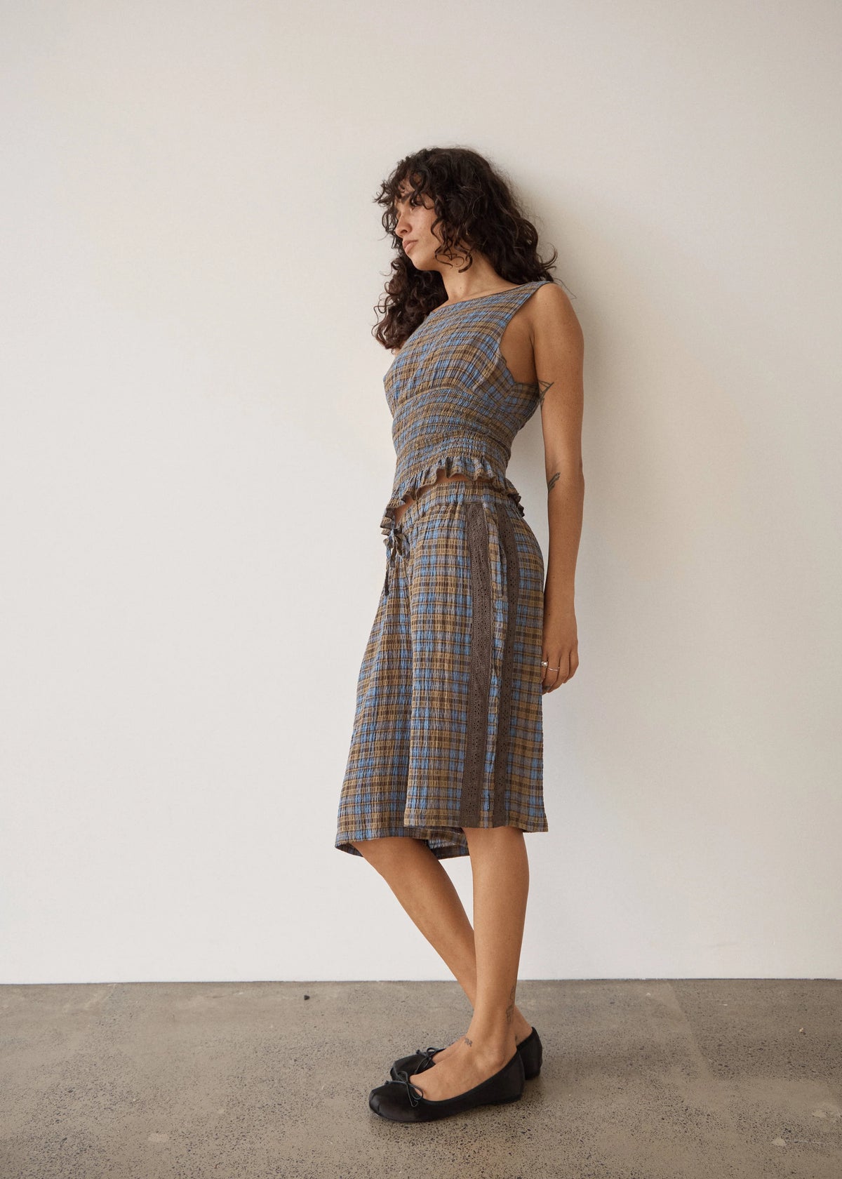 Afends Alexa Longline Short Cedar Blue Check
