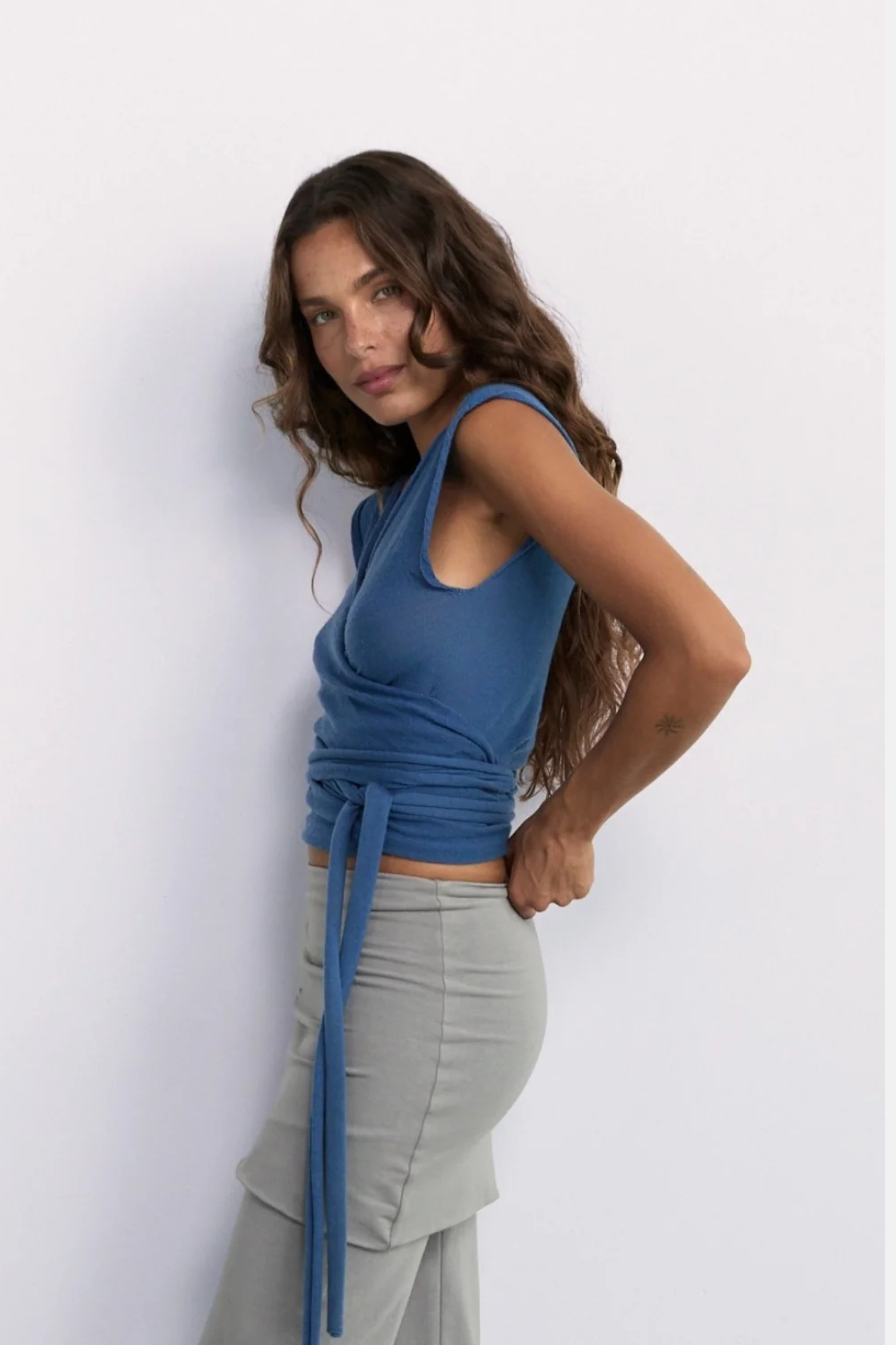 Pinky & Kamal Light Merino Knit Wrap Mid Blue
