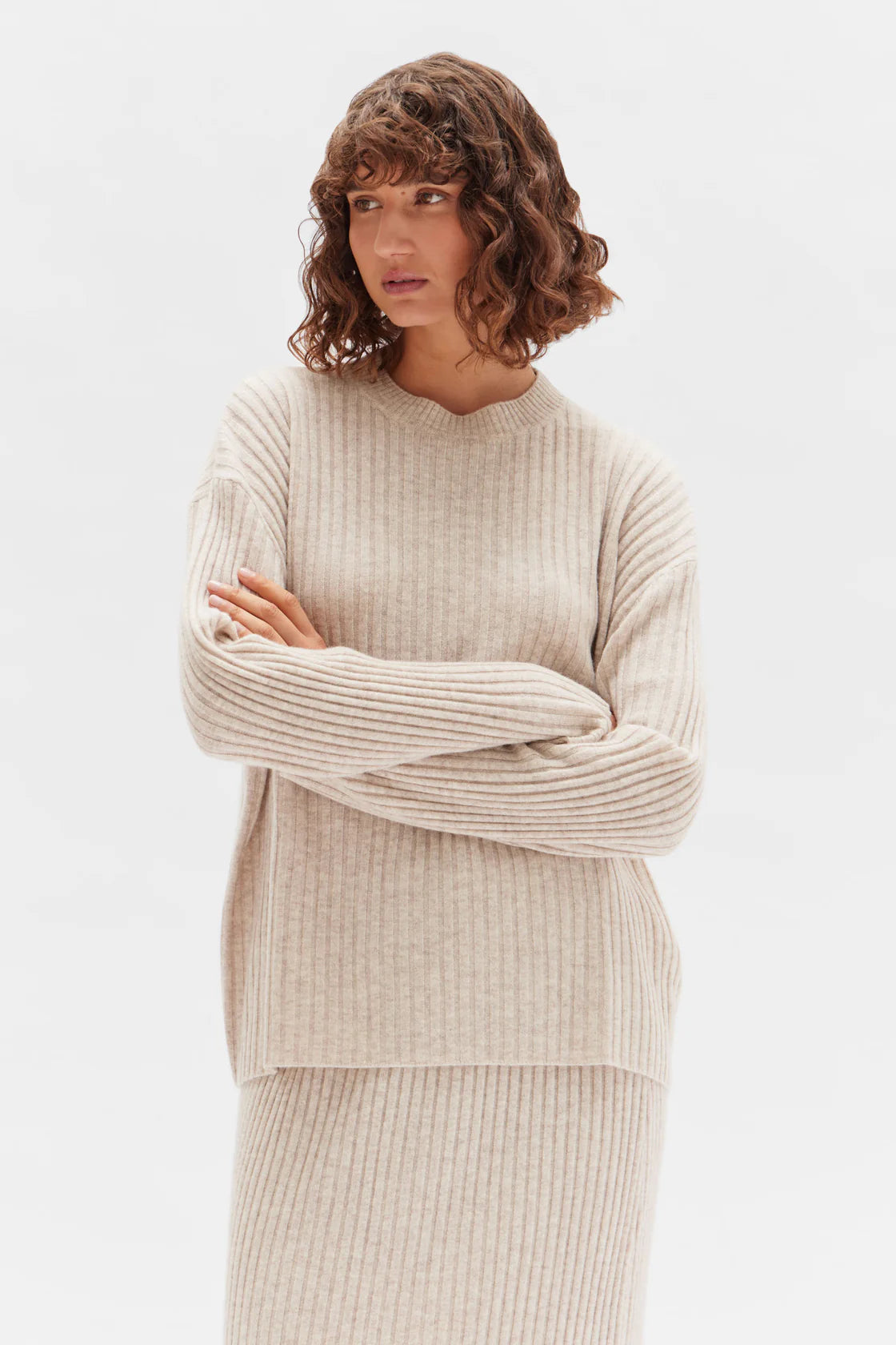 WOOL CASHMERE RIB LONG SLEEVE TOP | OAT MARLE