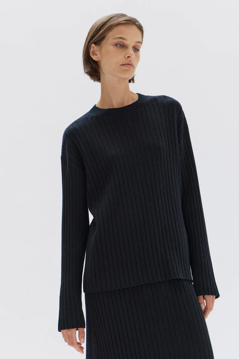 WOOL CASHMERE RIB LONG SLEEVE TOP  | BLACK
