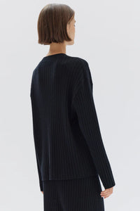WOOL CASHMERE RIB LONG SLEEVE TOP  | BLACK