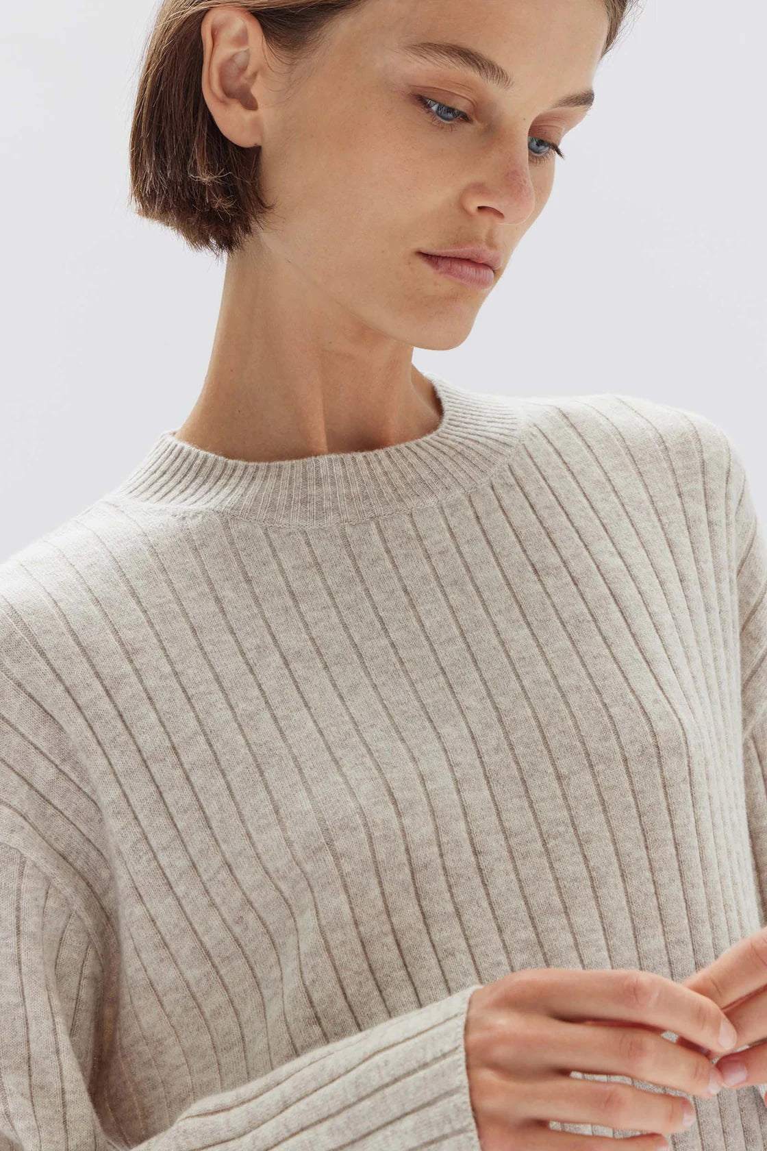 WOOL CASHMERE RIB LONG SLEEVE TOP  | CREAM