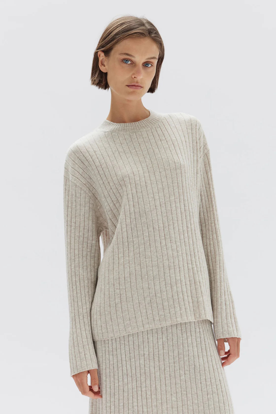 WOOL CASHMERE RIB LONG SLEEVE TOP  | CREAM