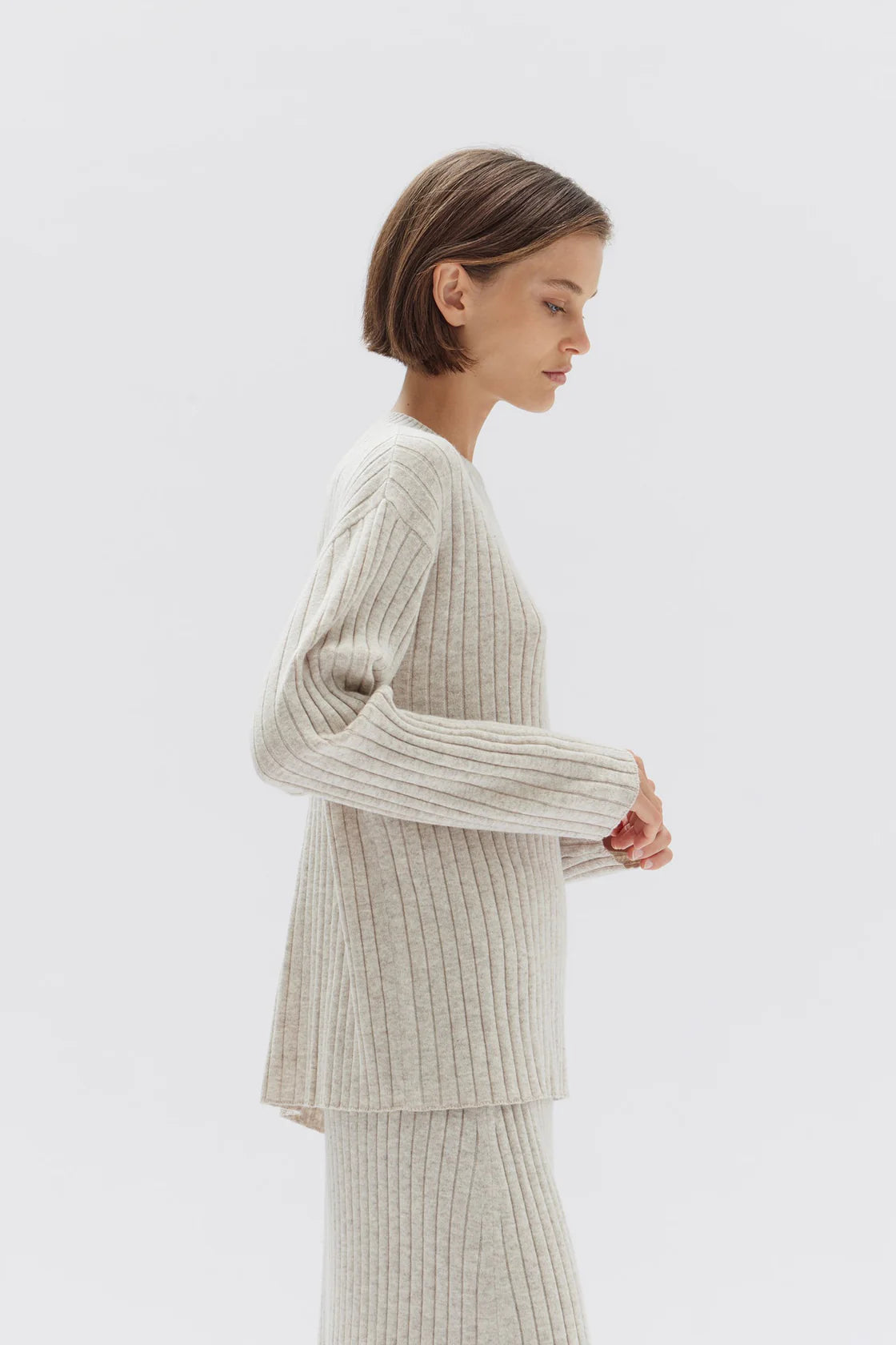 WOOL CASHMERE RIB LONG SLEEVE TOP  | CREAM