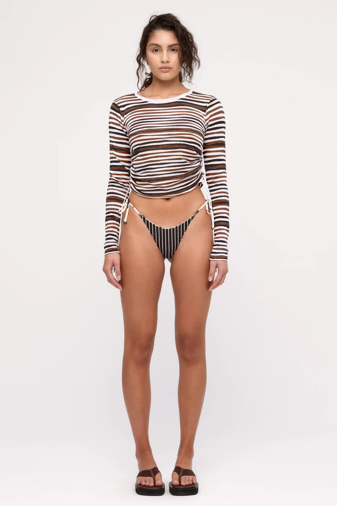 GATHERED LONG SLEEVE KNIT TOP | BLACK STRIPE PRINT