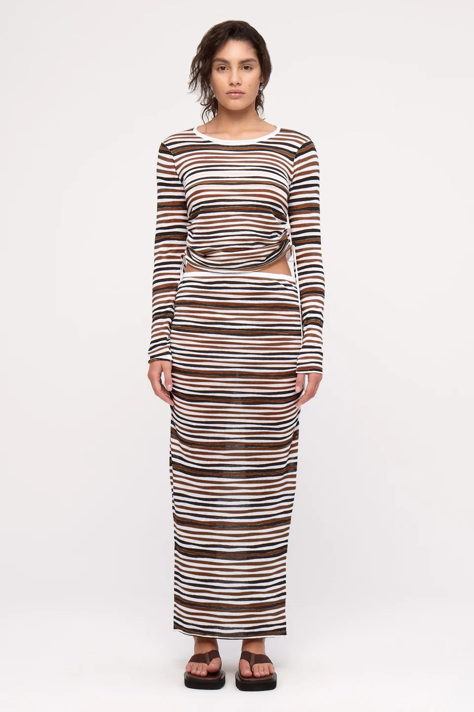 GATHERED LONG SLEEVE KNIT TOP | BLACK STRIPE PRINT