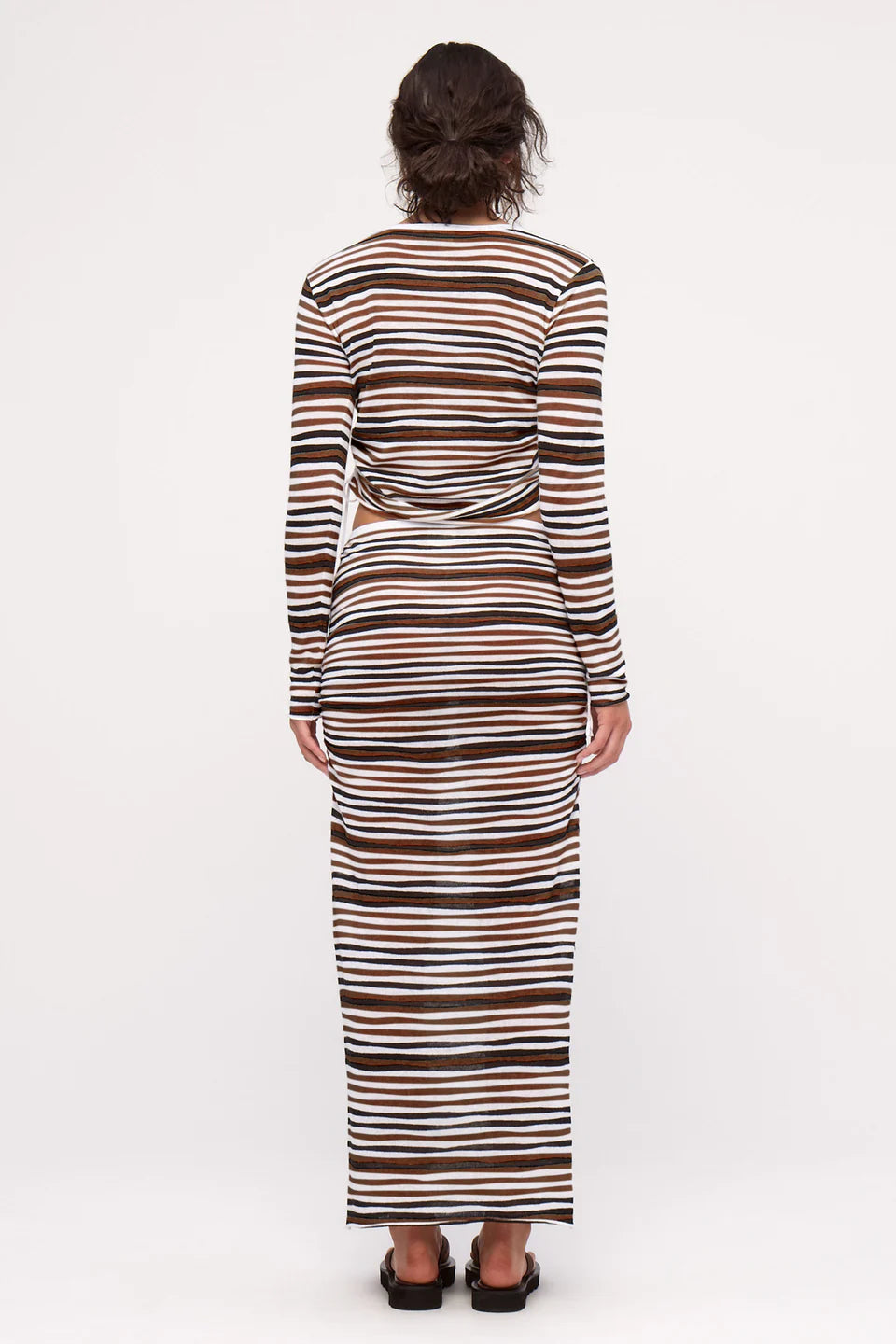GATHERED LONG SLEEVE KNIT TOP | BLACK STRIPE PRINT