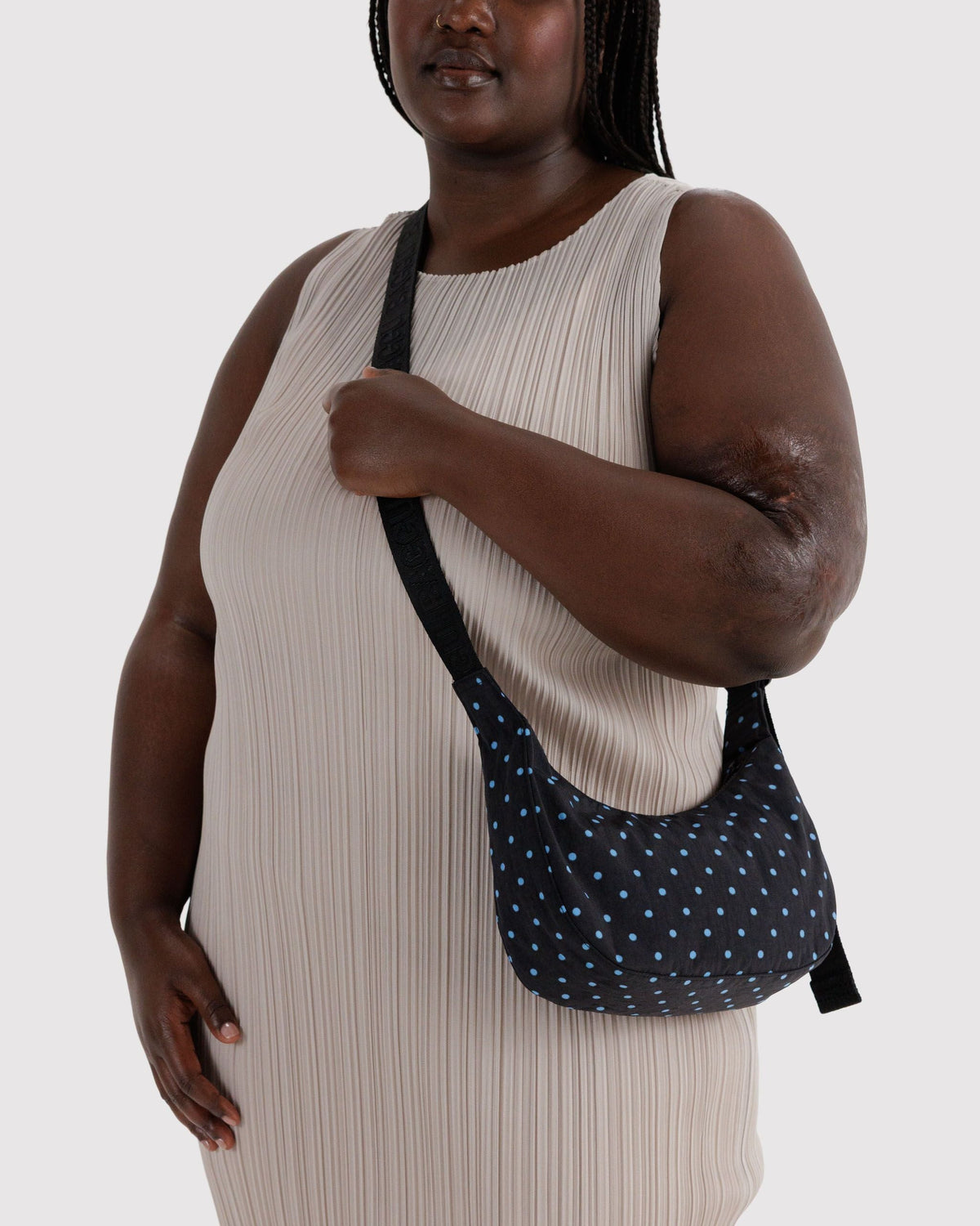 Baggu Small Nylon Crescent Bag Black and Sky Blue Micro Dot