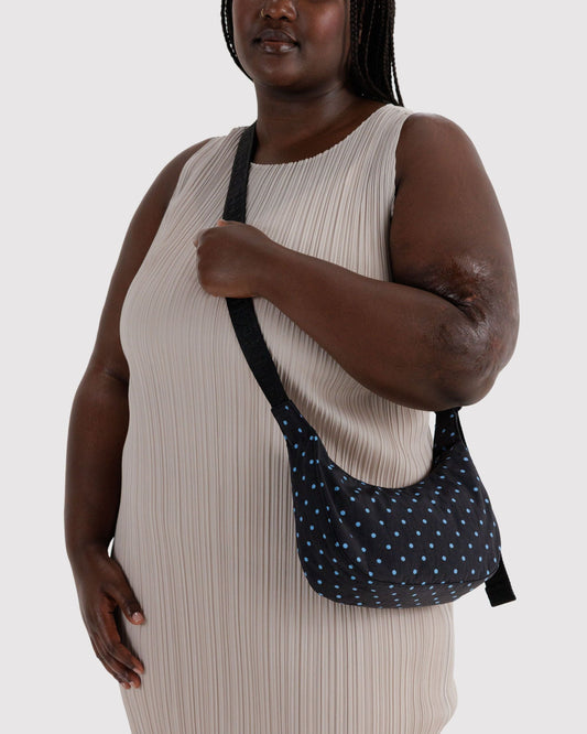 Baggu Small Nylon Crescent Bag Black and Sky Blue Micro Dot